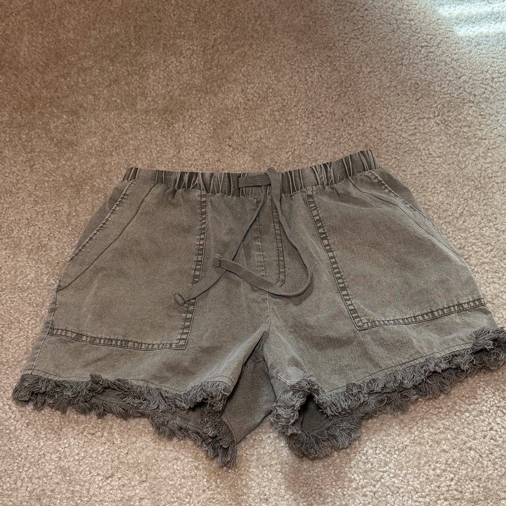 Green Fringe Pull On Drawstring Shorts